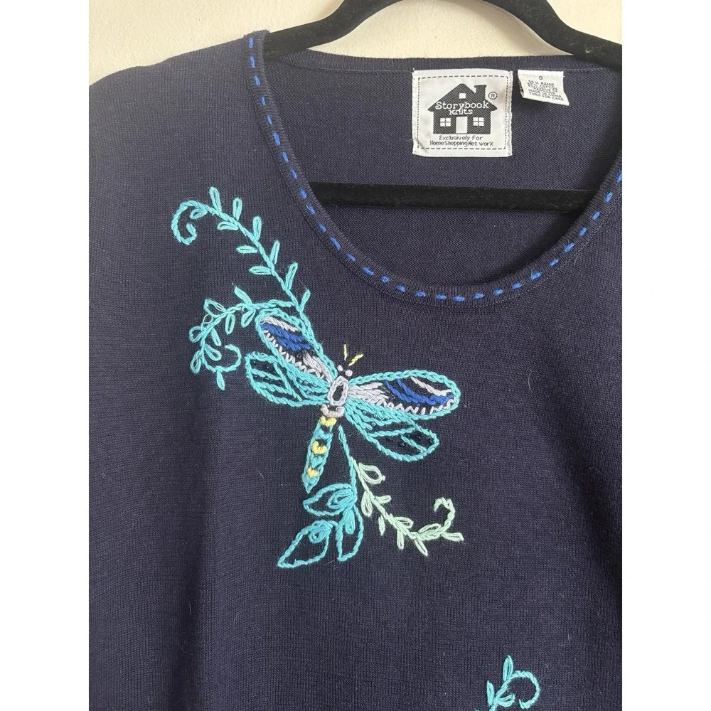 Storybook Knits‎ Small Sweater Tunic Sweater Dragonfly Embroidered Blue Y2K